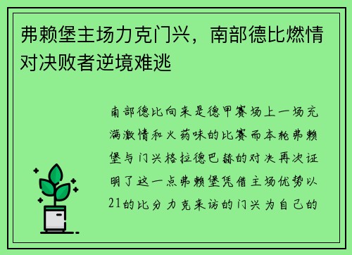 弗赖堡主场力克门兴，南部德比燃情对决败者逆境难逃