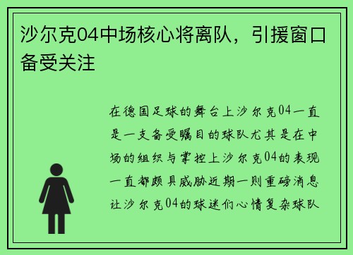 沙尔克04中场核心将离队，引援窗口备受关注