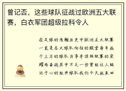曾记否，这些球队征战过欧洲五大联赛，白衣军团超级拉科令人