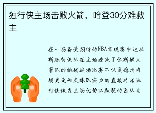 独行侠主场击败火箭，哈登30分难救主