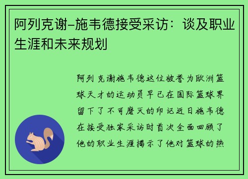 阿列克谢-施韦德接受采访：谈及职业生涯和未来规划