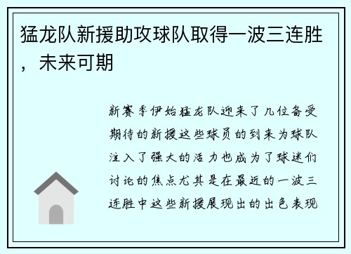 猛龙队新援助攻球队取得一波三连胜，未来可期