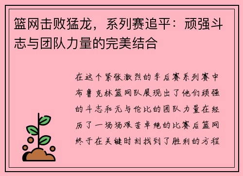 篮网击败猛龙，系列赛追平：顽强斗志与团队力量的完美结合